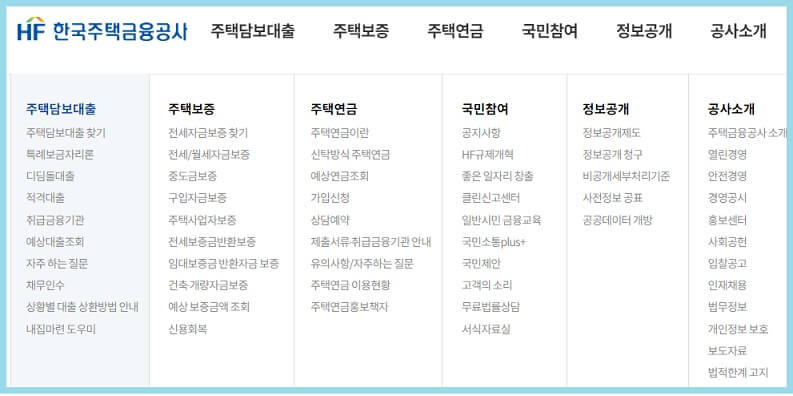 한국주택금융공사-홈페이지-메뉴-모음으로-하는일을-유추해볼수있다
