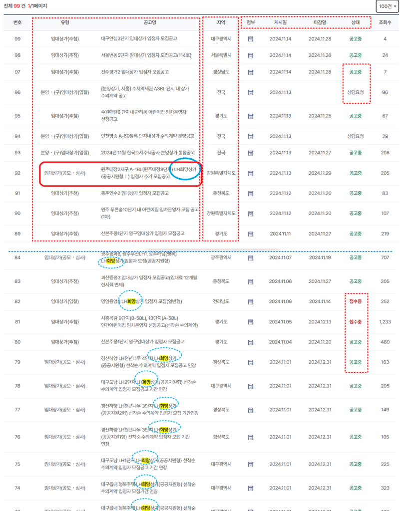 LH청약플러스-상가청약-공고게시판-화면(11월14일기준)